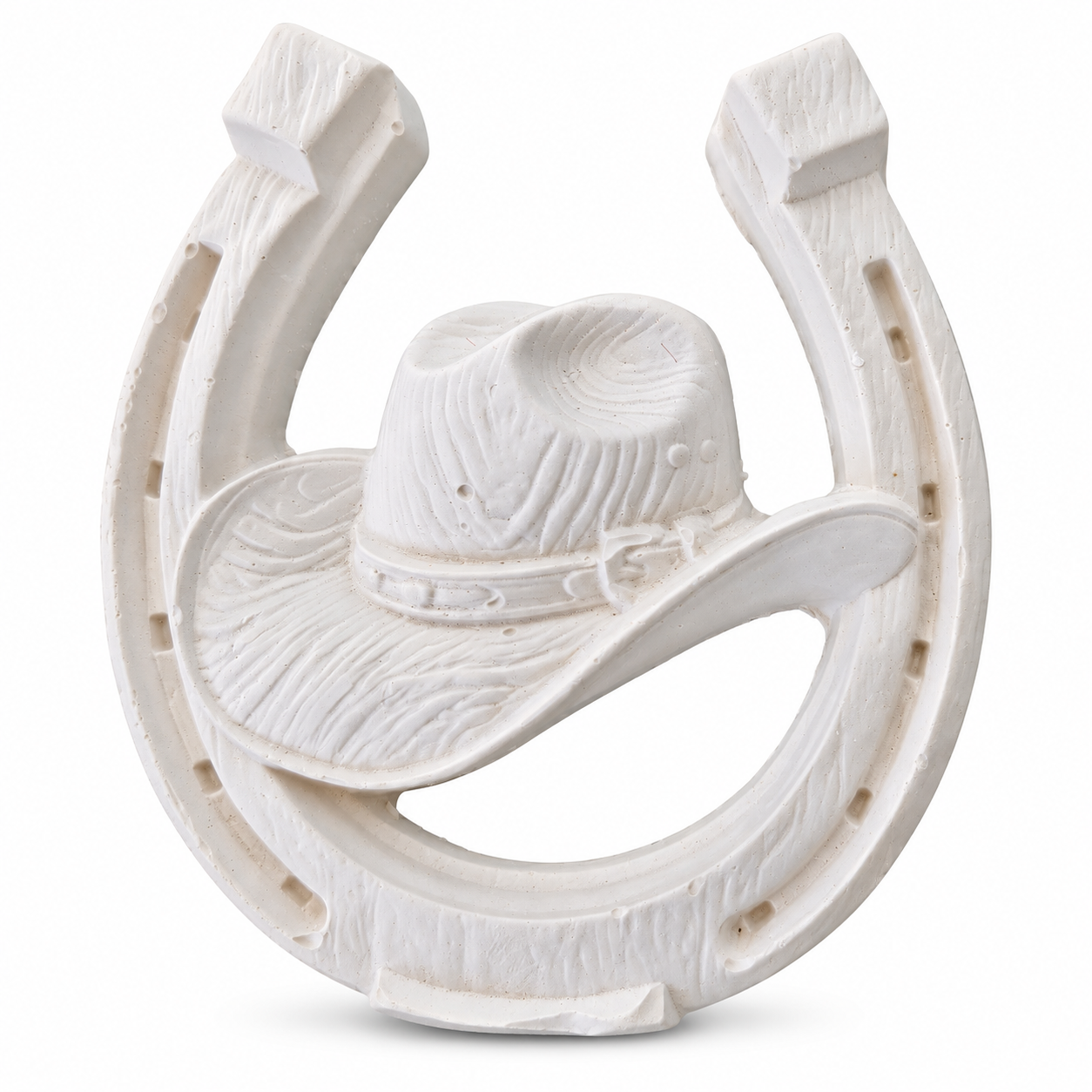 Cowboy Hat in Horseshoe — correct upright orientation Unpainted plaster cowboy hat inside an upright horseshoe