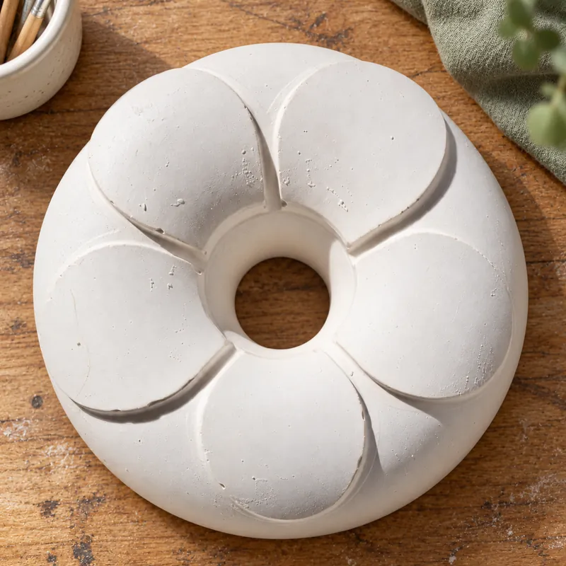 Unpainted Petal Swirl Donut plaster figure on a wooden craft table