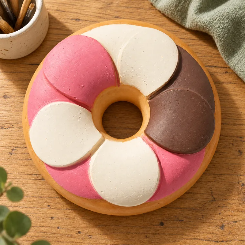 Multicolor painted Petal Swirl Donut craft example on a wooden craft table