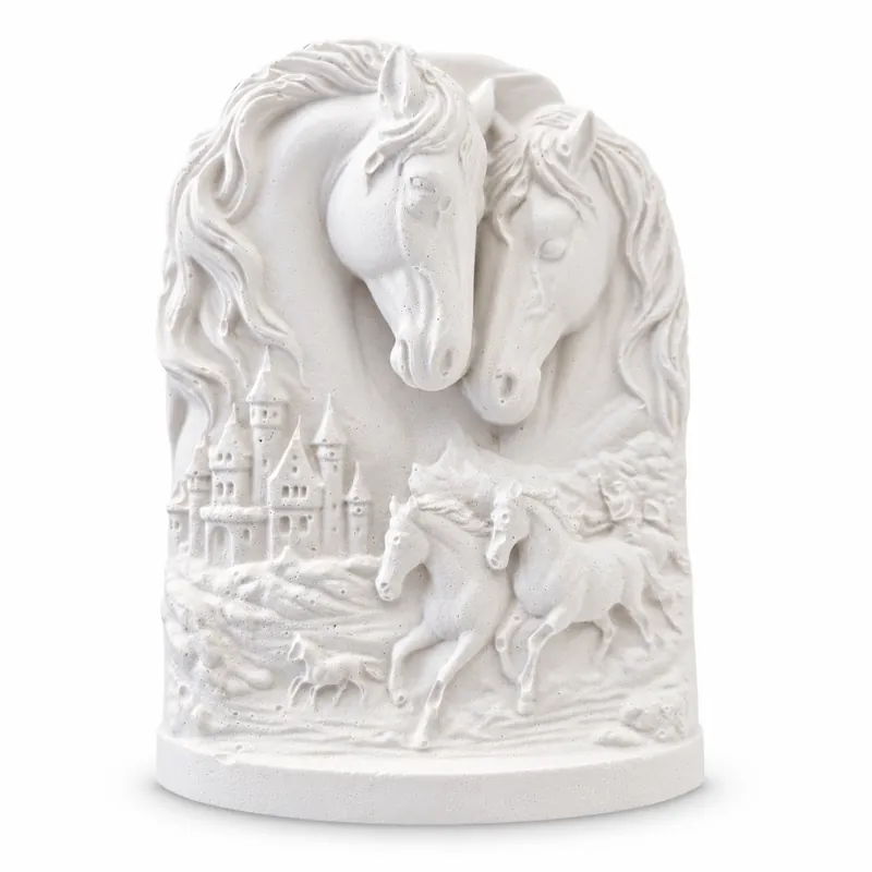 Unpainted Dreaming Horses Relief plaster figure on a white background