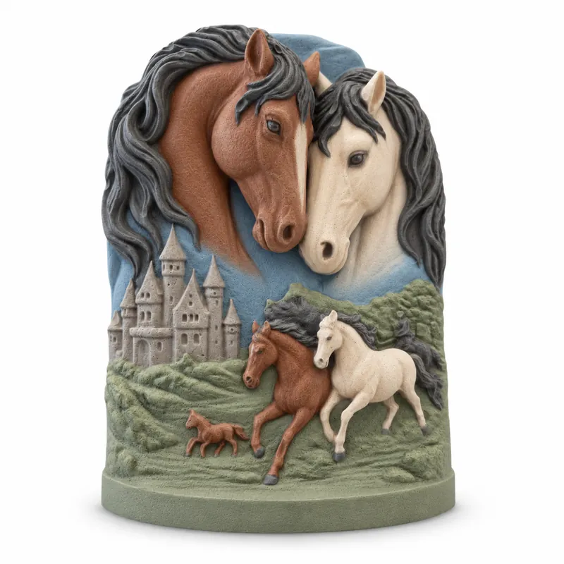 Painted Dreaming Horses Relief plaster figure on a white background; color inspiration only