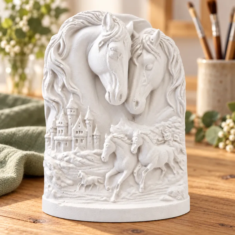 Unpainted Dreaming Horses Relief plaster figure on a craft table