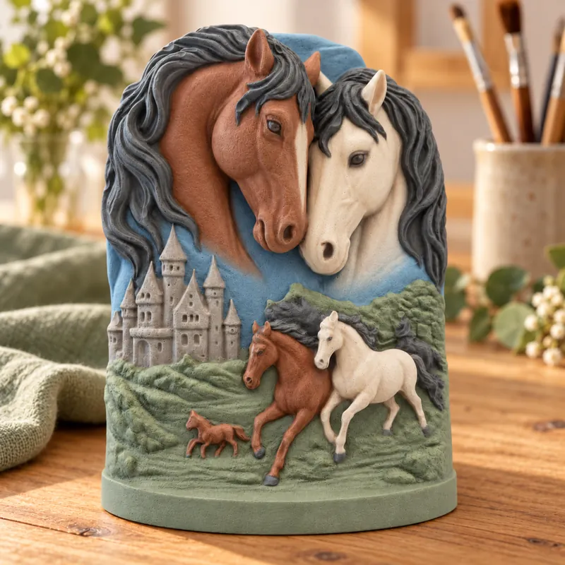 Painted Dreaming Horses Relief plaster figure on a craft table; color inspiration only