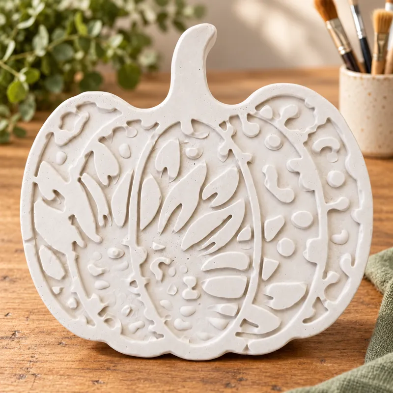 Unpainted Harvest Filigree Pumpkin plaster figure on a craft table