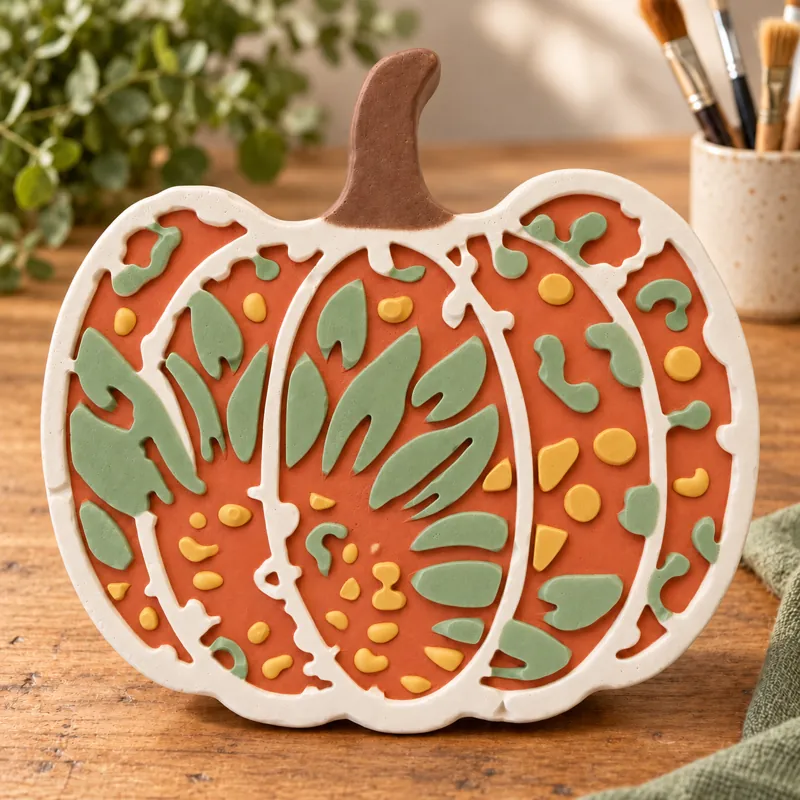 Painted Harvest Filigree Pumpkin plaster figure on a craft table; color inspiration only