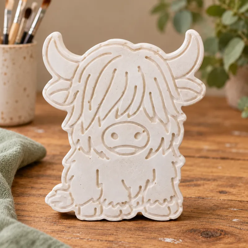 Unpainted Classic Highland Cow plaster figure on a craft table