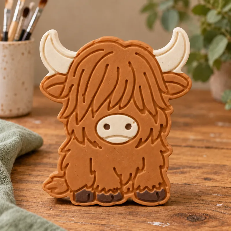 Painted Classic Highland Cow plaster figure on a craft table; color inspiration only