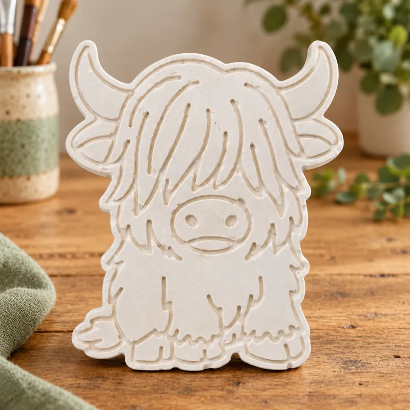 Unpainted Petite Highland Cow plaster figure on a craft table