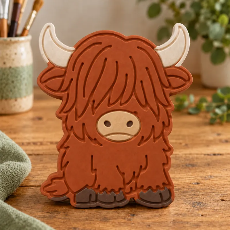 Painted Petite Highland Cow plaster figure on a craft table; color inspiration only