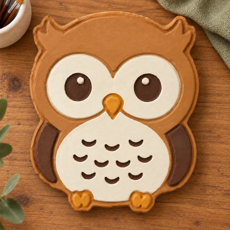 Hand-painted Storybook Owl craft example on a wooden table