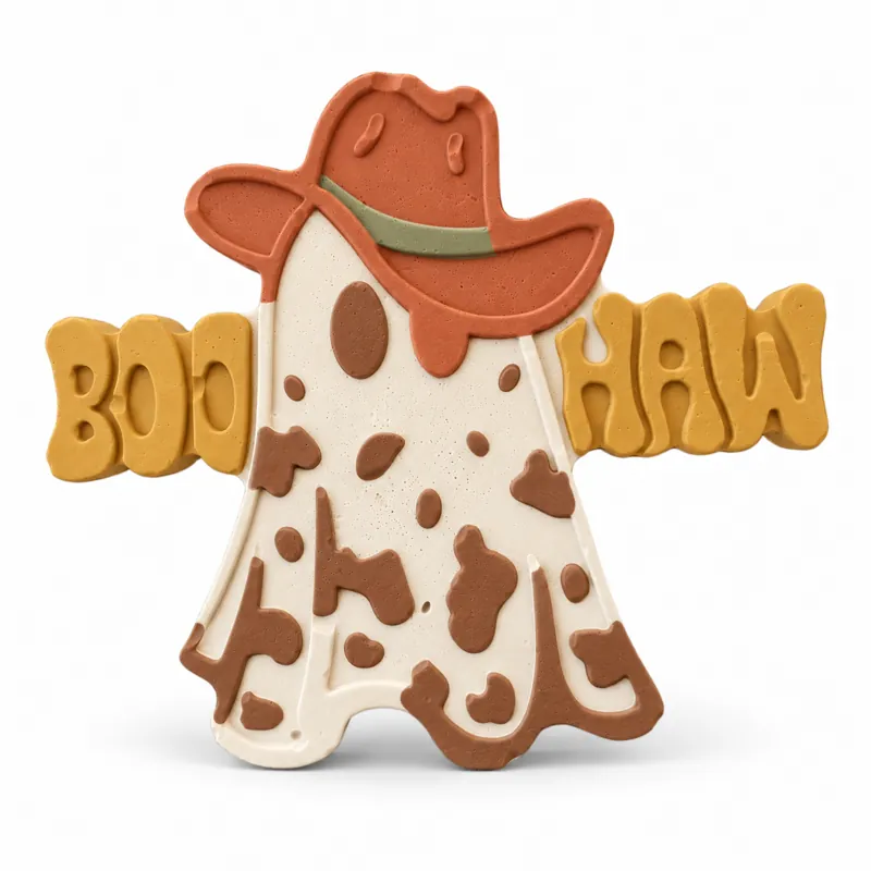 Painted Boo Haw Ghost plaster figure on a white background; color inspiration only