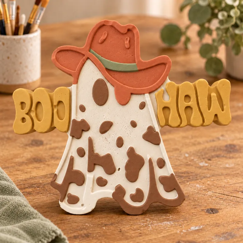 Painted Boo Haw Ghost plaster figure on a craft table; color inspiration only