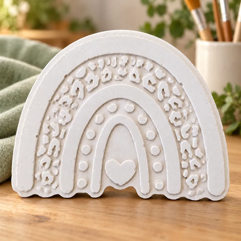 Unpainted Whimsy Heart Rainbow plaster figure on a craft table