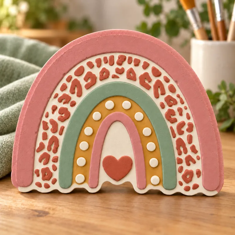 Painted Whimsy Heart Rainbow plaster figure on a craft table; color inspiration only