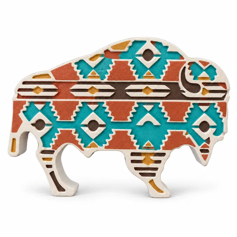 Painted Southwest Mosaic Bison plaster figure on a white background; color inspiration only