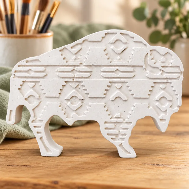 Unpainted Southwest Mosaic Bison plaster figure on a craft table