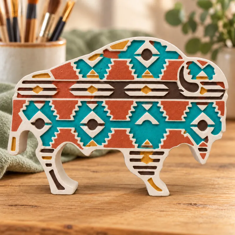 Painted Southwest Mosaic Bison plaster figure on a craft table; color inspiration only
