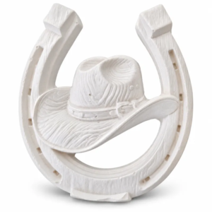 Unpainted Cowboy Hat Horseshoe plaster figure on a white background