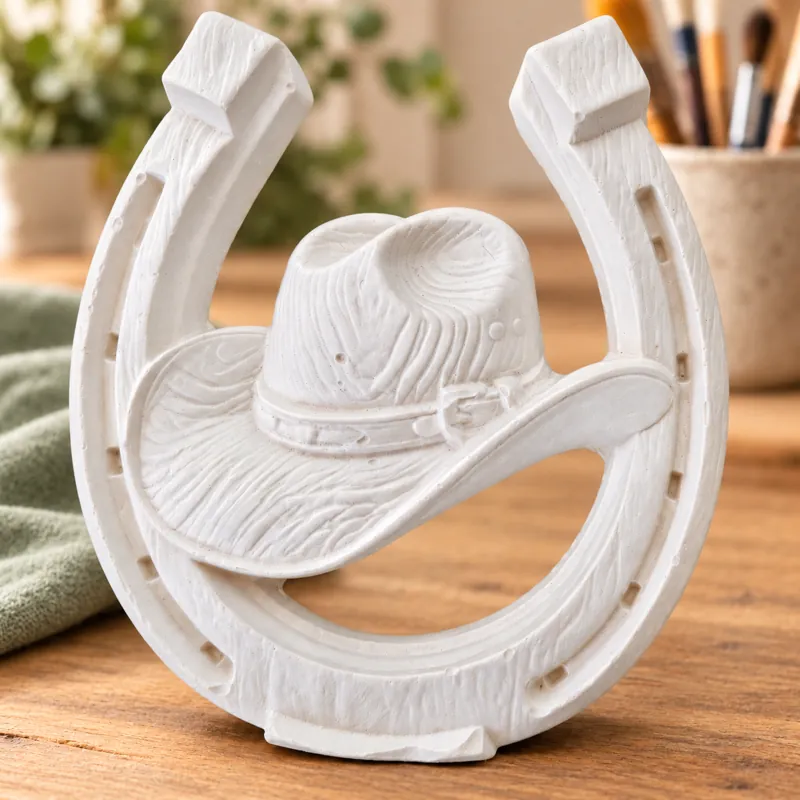Unpainted Cowboy Hat Horseshoe plaster figure on a craft table