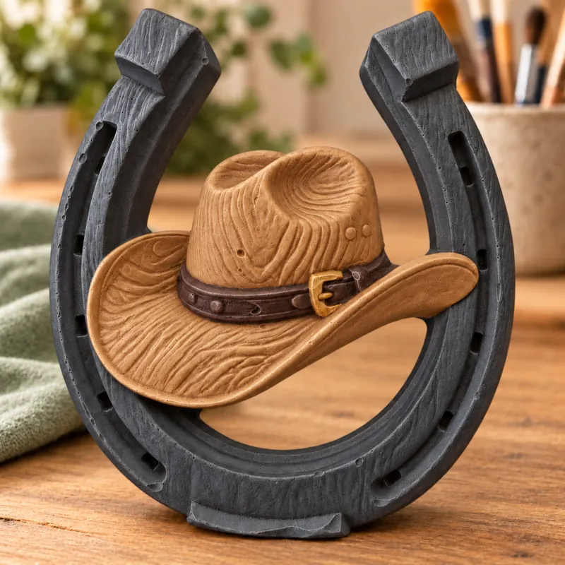 Painted Cowboy Hat Horseshoe plaster figure on a craft table; color inspiration only