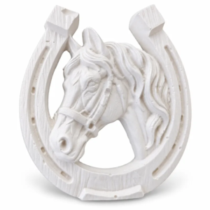 Unpainted Horse Portrait Horseshoe plaster figure on a white background