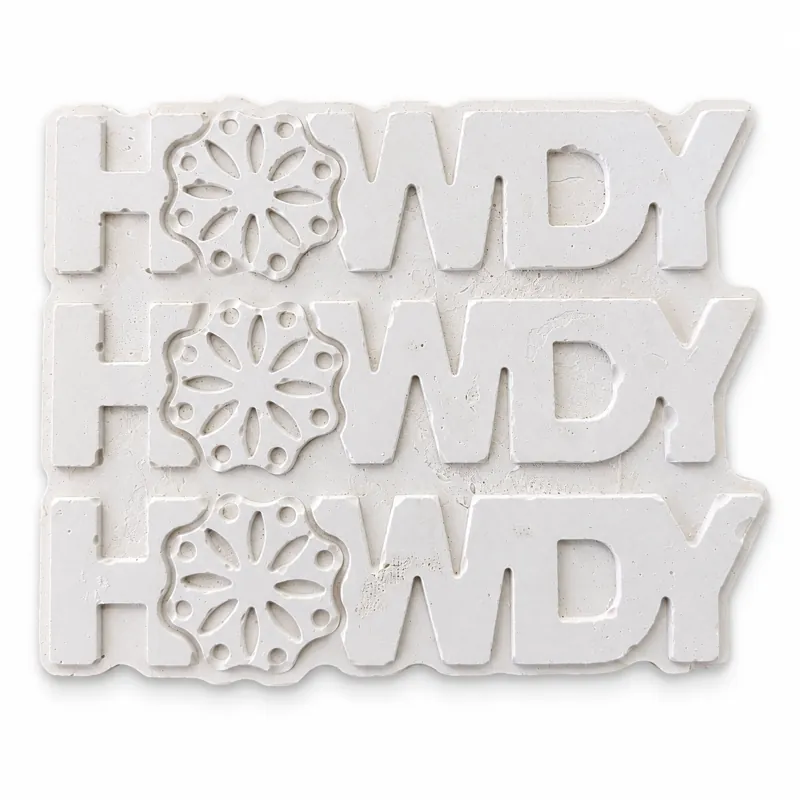 Unpainted Howdy Bloom Sign plaster figure on a white background