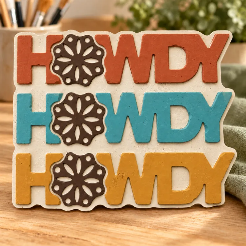 Painted Howdy Bloom Sign plaster figure on a craft table; color inspiration only