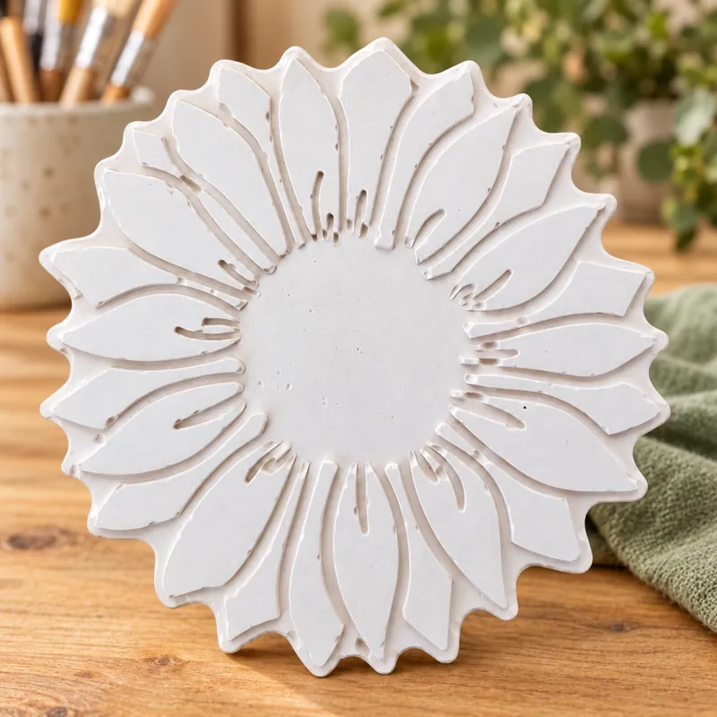 Unpainted Radiant Sunflower plaster figure on a craft table
