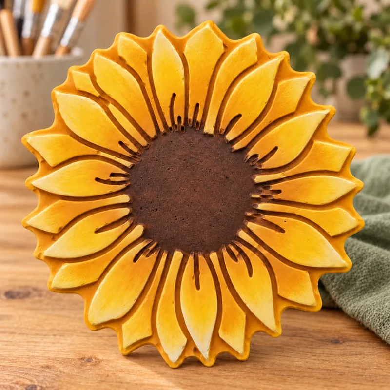 Painted Radiant Sunflower plaster figure on a craft table; color inspiration only