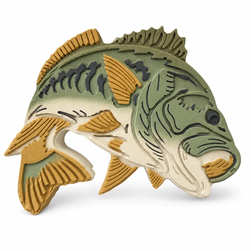 Painted Lake Spirit Fish plaster figure on a white background; color inspiration only