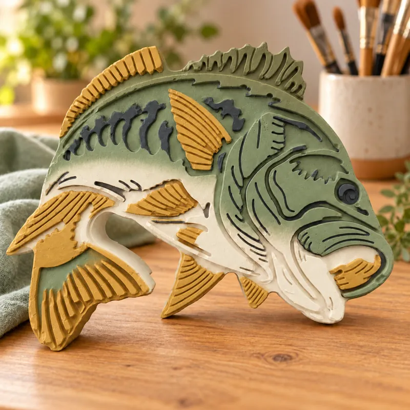 Painted Lake Spirit Fish plaster figure on a craft table; color inspiration only
