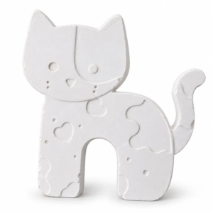 Unpainted Patchwork Cat Petite plaster figure on a white background