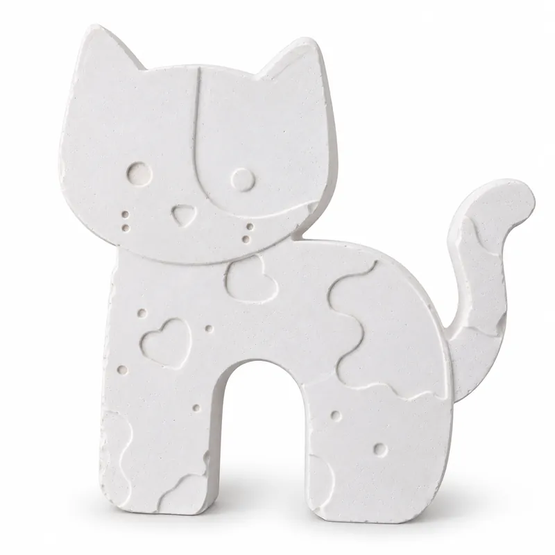 Unpainted Patchwork Cat Petite plaster figure on a white background