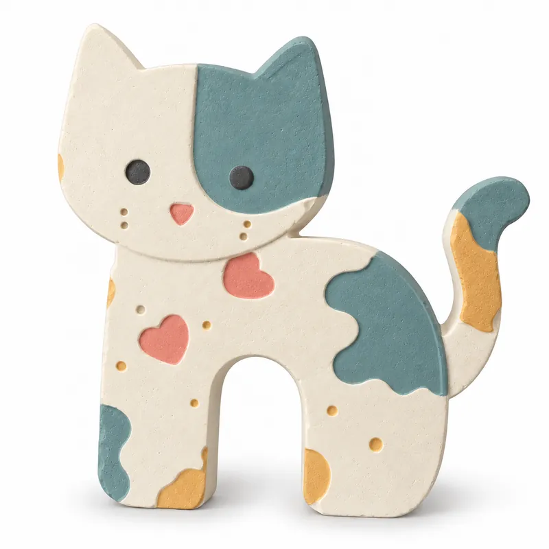 Painted Patchwork Cat Petite plaster figure on a white background; color inspiration only