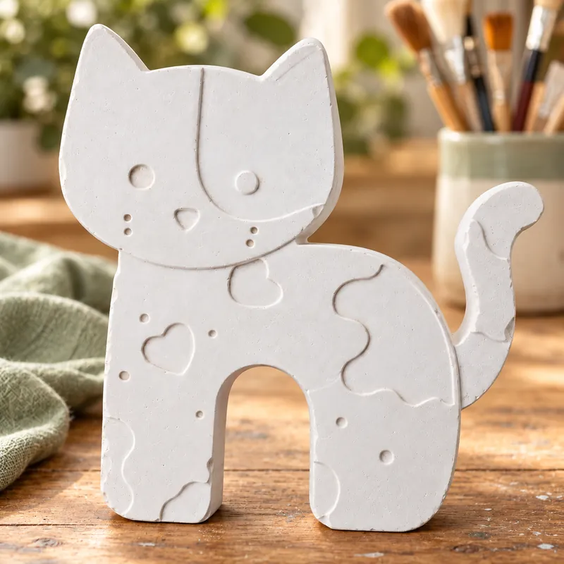 Unpainted Patchwork Cat Petite plaster figure on a craft table