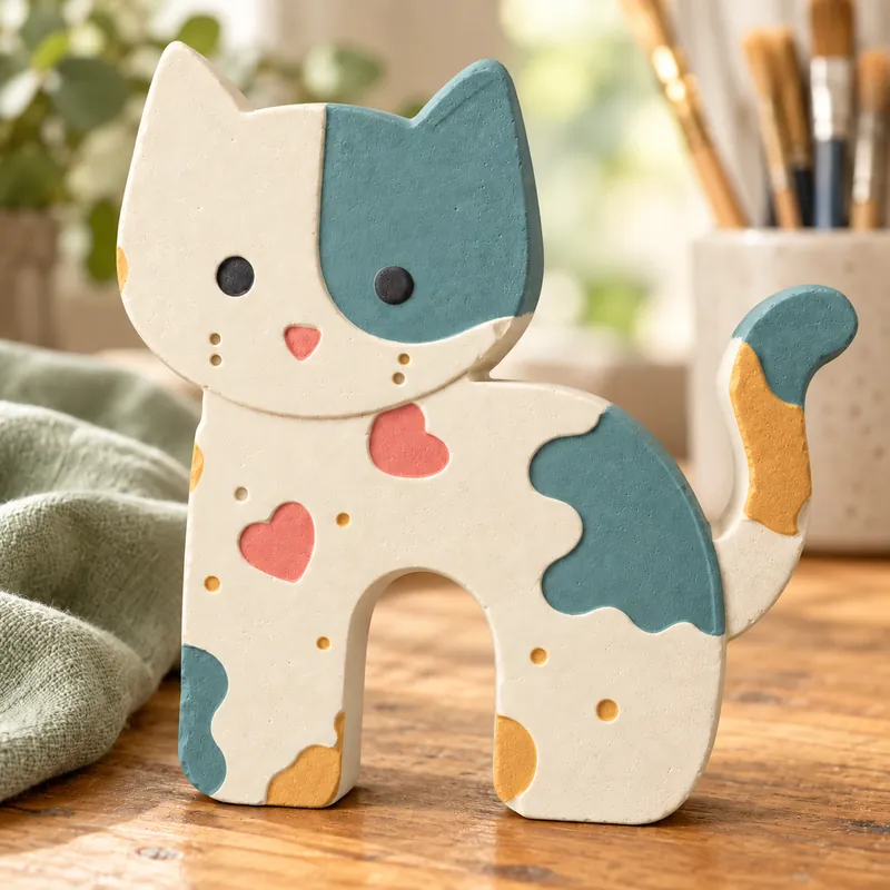 Painted Patchwork Cat Petite plaster figure on a craft table; color inspiration only