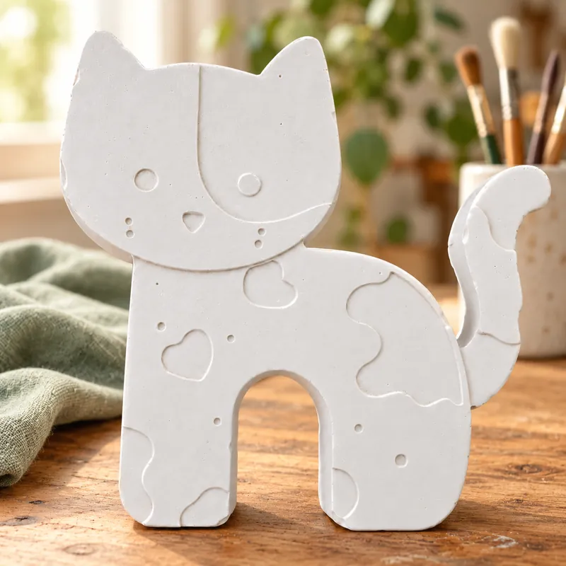 Unpainted Patchwork Cat Classic plaster figure on a craft table