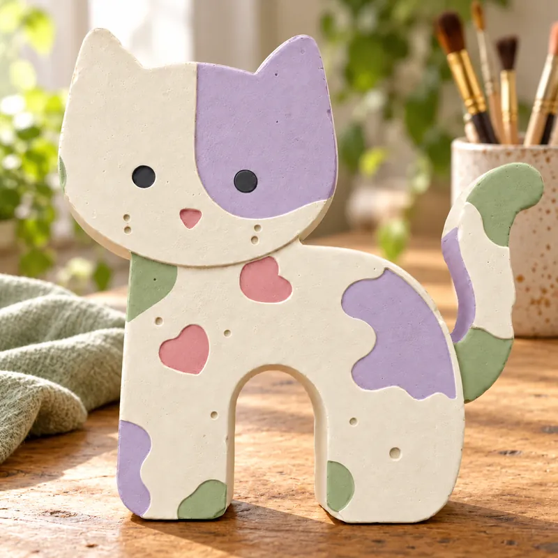Painted Patchwork Cat Classic plaster figure on a craft table; color inspiration only