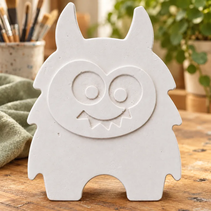 Unpainted Grinning Little Monster plaster figure on a craft table