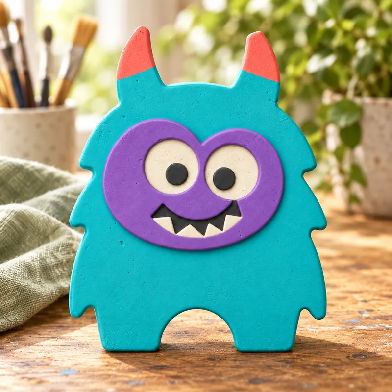 Painted Grinning Little Monster plaster figure on a craft table; color inspiration only
