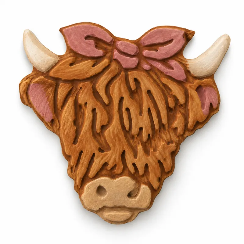 Painted Highland Cow Portrait plaster figure on a white background; color inspiration only