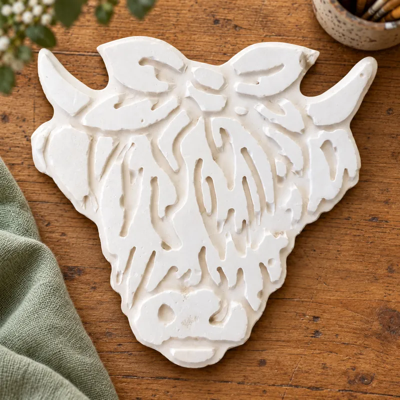 Unpainted Highland Cow Portrait plaster figure on a craft table