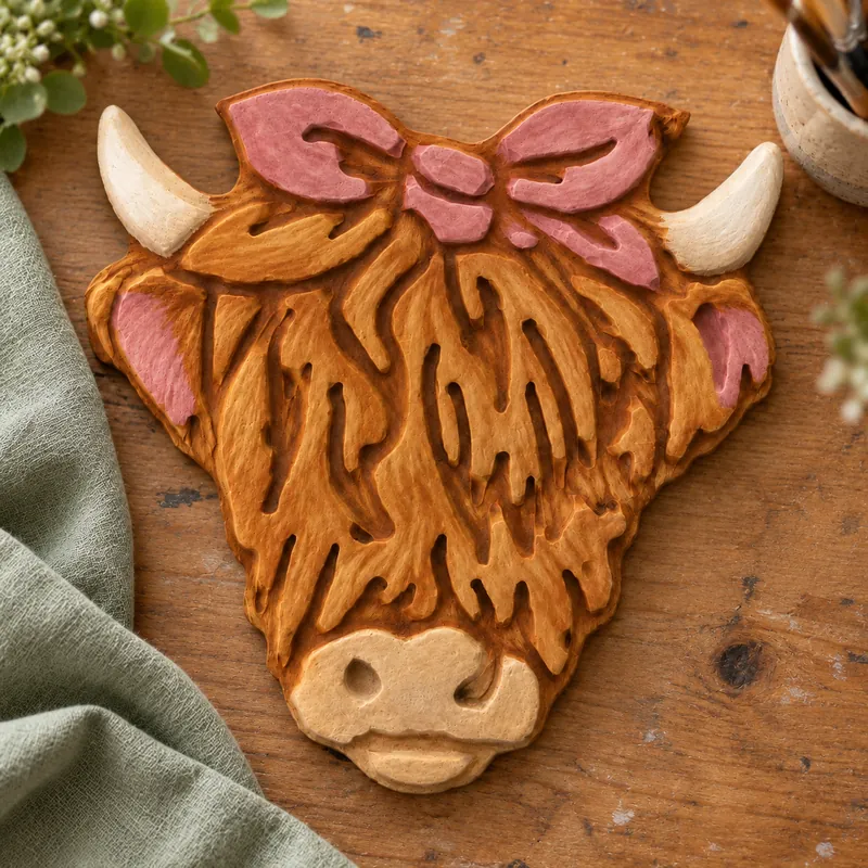 Painted Highland Cow Portrait plaster figure on a craft table; color inspiration only