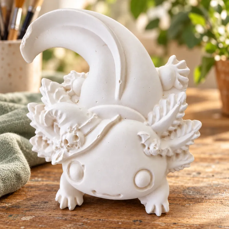 Unpainted Spooky Halloween Axolotl plaster figure on a craft table