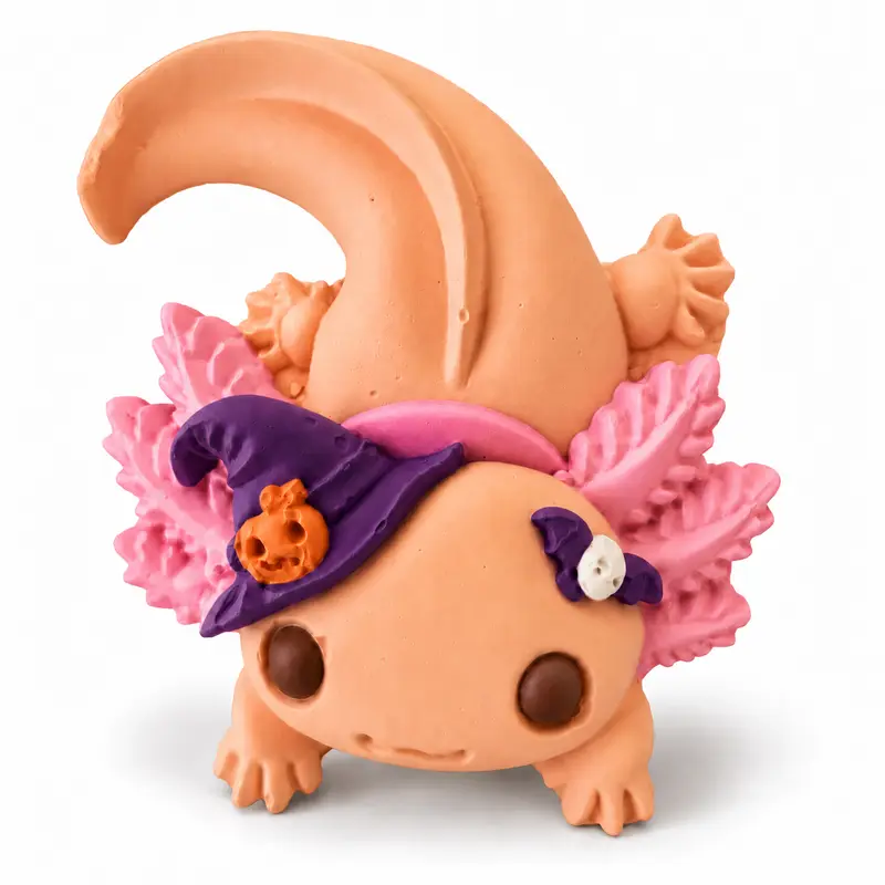 Spooky Halloween Axolotl painted example with pink gills and a purple witch hat on a white background