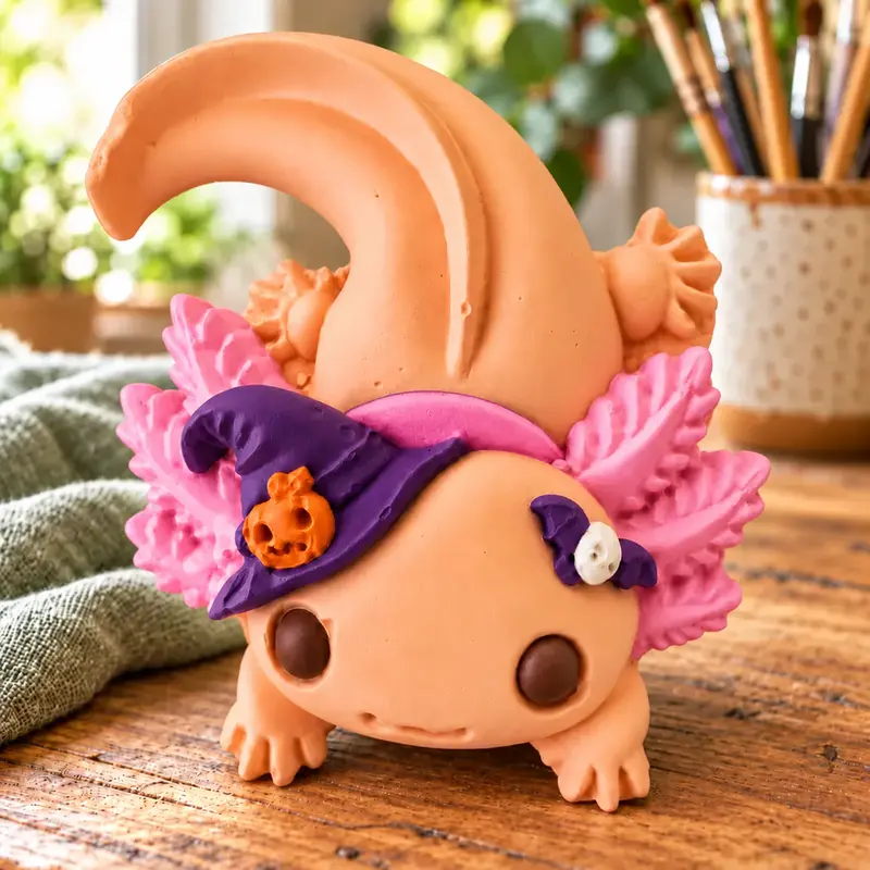 Spooky Halloween Axolotl painted example with pink gills and a purple witch hat on a craft table