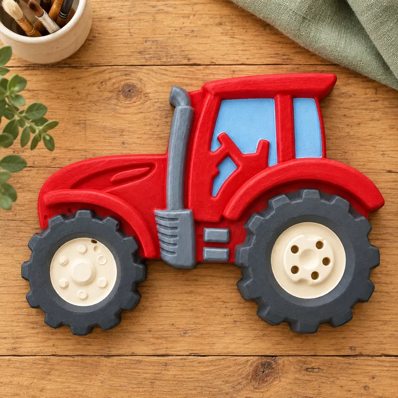 Painted Country Tractor plaster figure on a craft table; color inspiration only