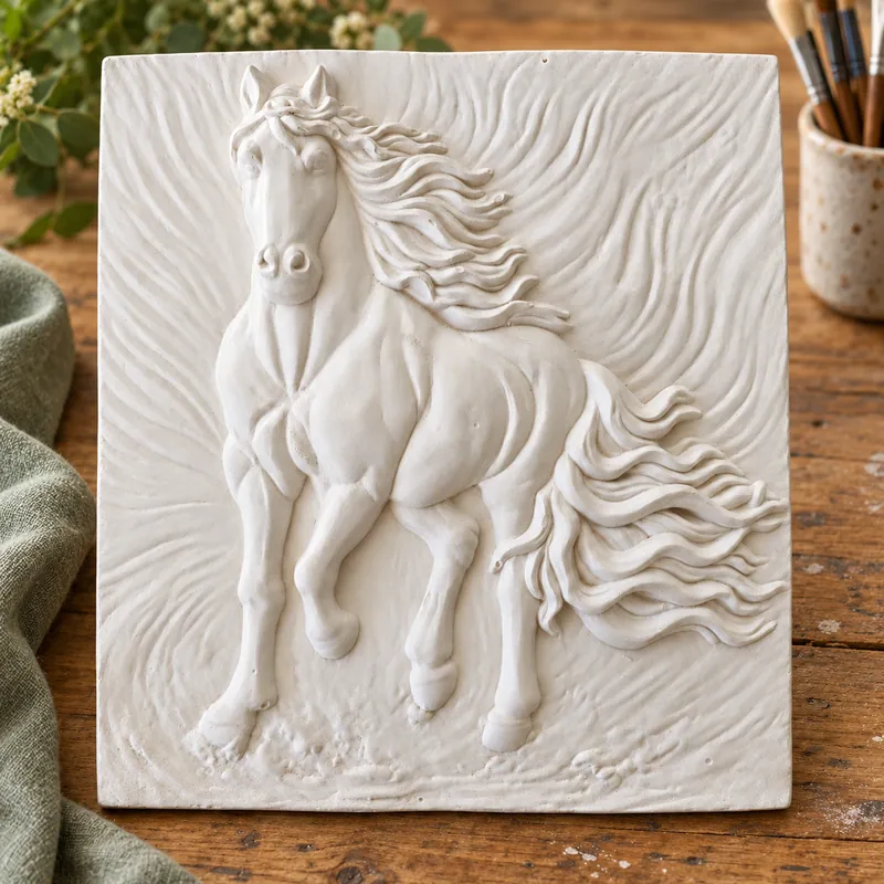 Unpainted Wildheart Running Horse plaster figure on a craft table