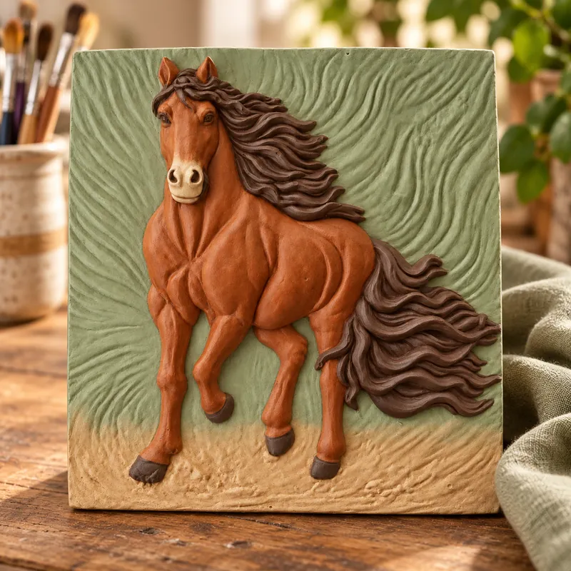 Painted Wildheart Running Horse plaster figure on a craft table; color inspiration only