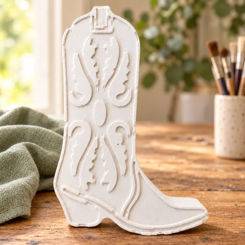 Unpainted Prairie Scroll Cowboy Boot plaster figure on a craft table